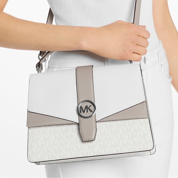 Michael Kors Greenwich Medium Color-Block Logo Satchel Bag Optic White Multi - Picture 2 of 9